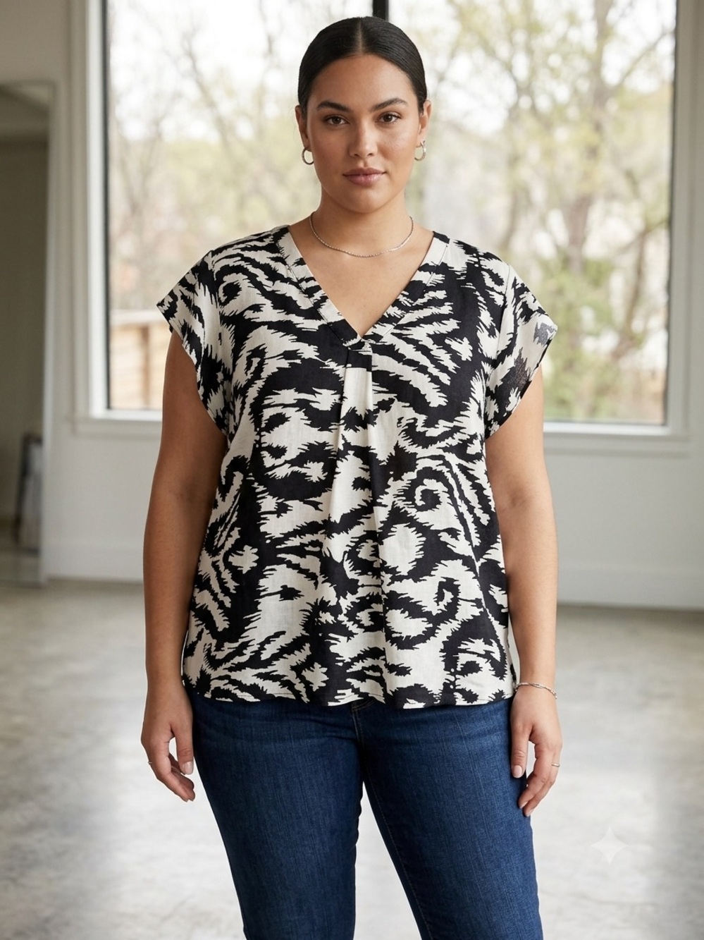 Rachel Zoe Black & White Abstract Print Linen Blend Blouse 2X